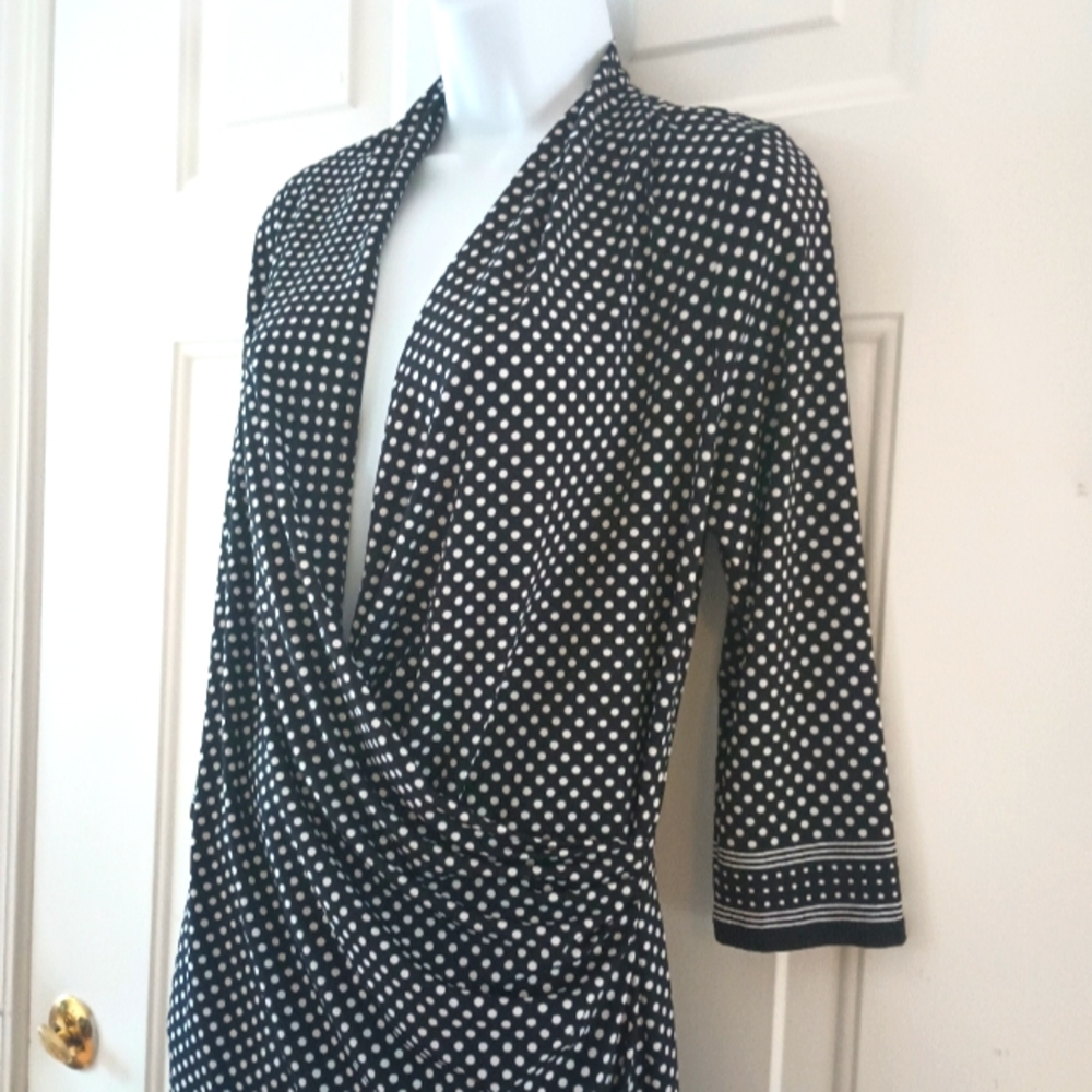 Max Studio Faux Wrap Dress Navy Blue Polka Dot. Size L. NWOT
